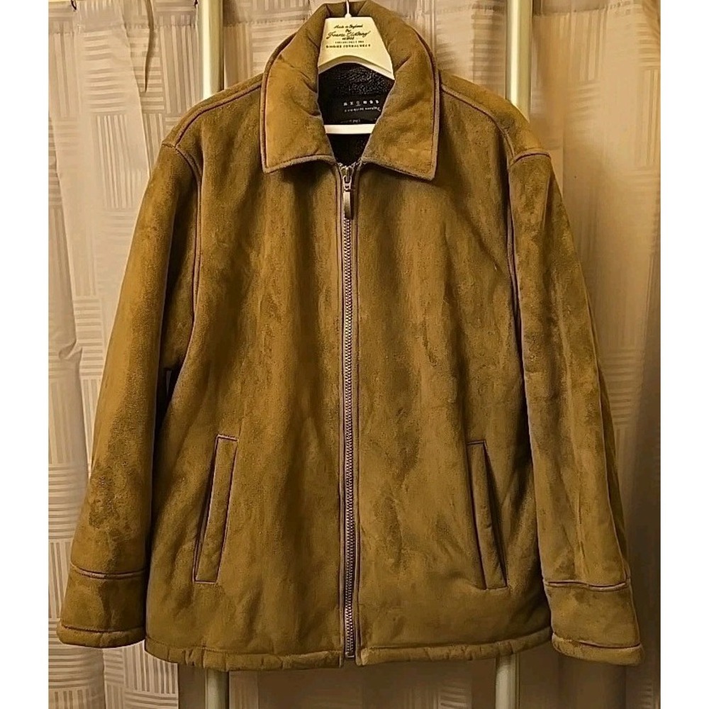 Axcess Faux Suede‎ Bomber Jacket Mens L Brown Full Zip Pockets Lined Faux Fur